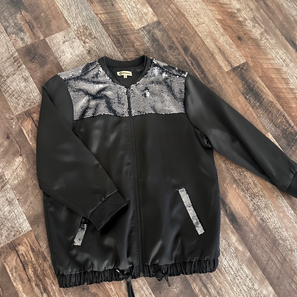 Olive green satin bomber jacket with Silver Sequin Accents